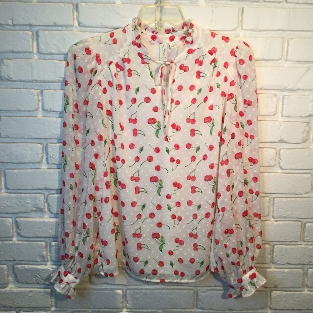Joie Cherry Print Swiss Dot Blouse Romantic White Red Coquette Top L